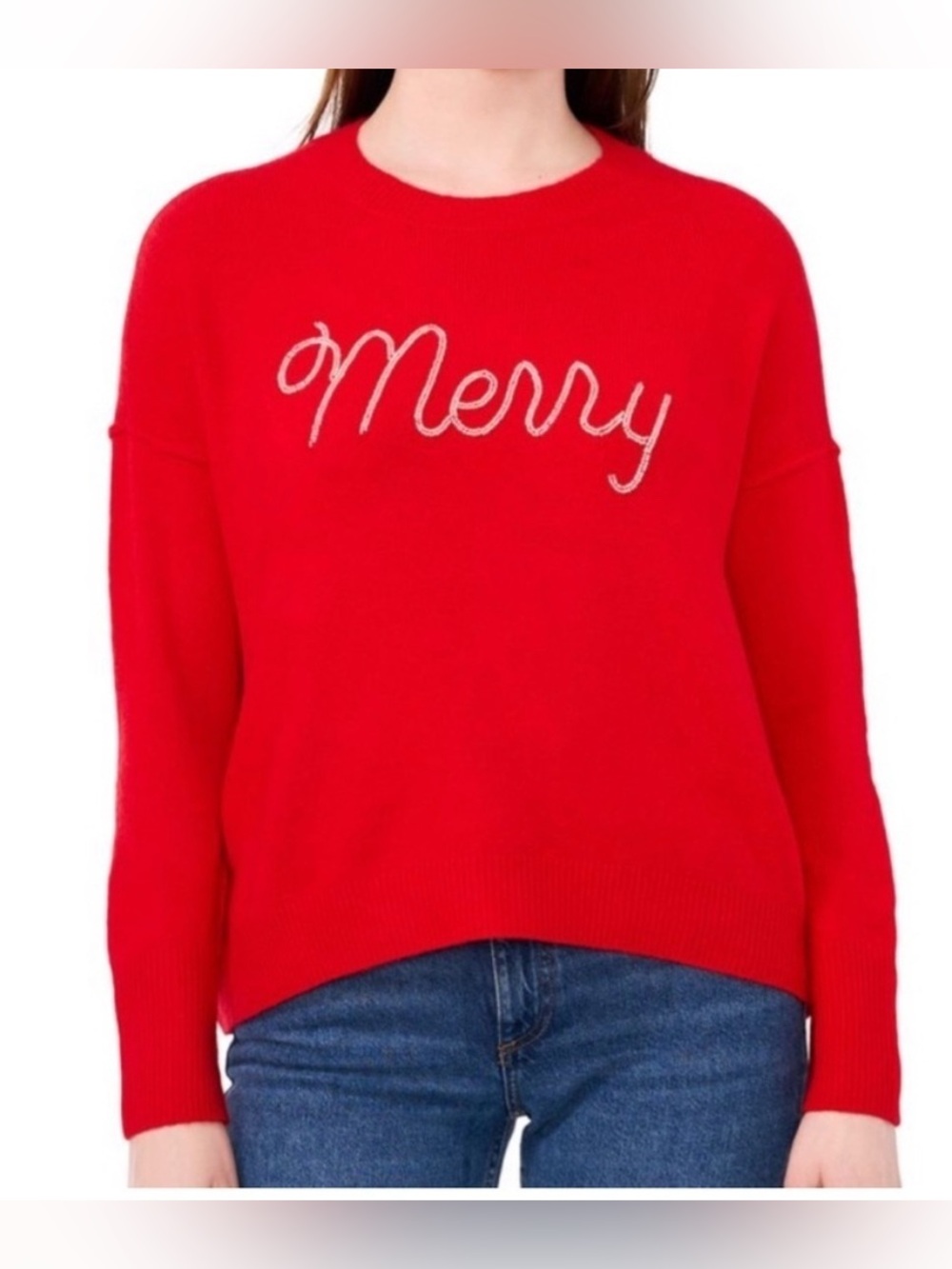 Vince Camuto Red 'Merry' Crewneck Sweater with Silver Script